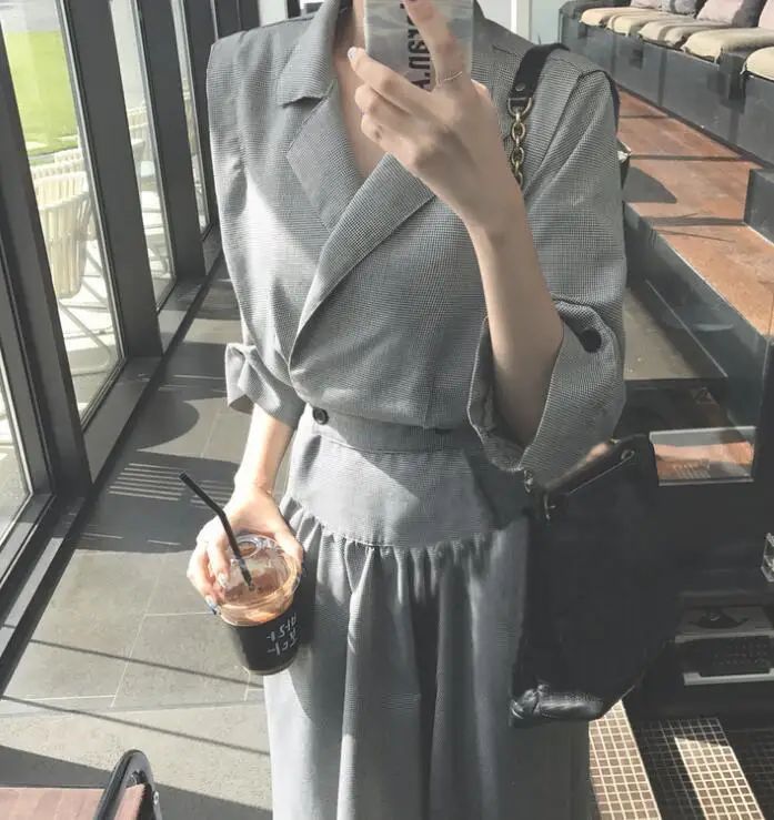 

Autumn And spring Korea New Fashion Notched Three Quarter Sleeve Irregular Hem Mid-calf Dress Woman