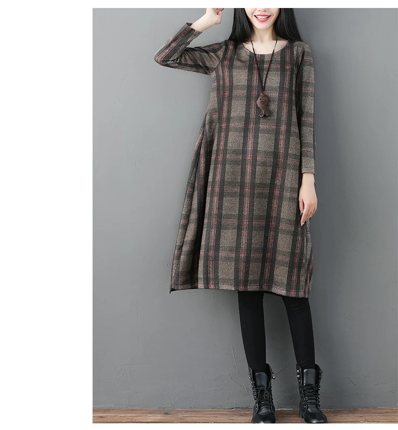 2018 autumn and winter wear thick striped in the long section large size women's slim plaid woolen dress | Женская одежда