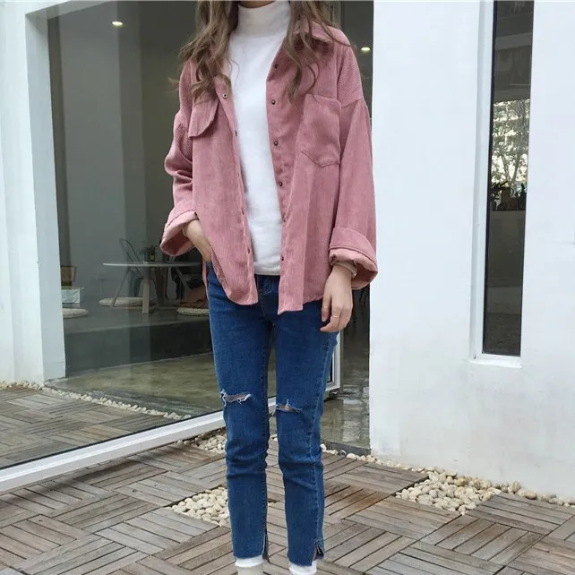 Женские вельветовые куртки с длинным рукавом повседневные свободные карманами в