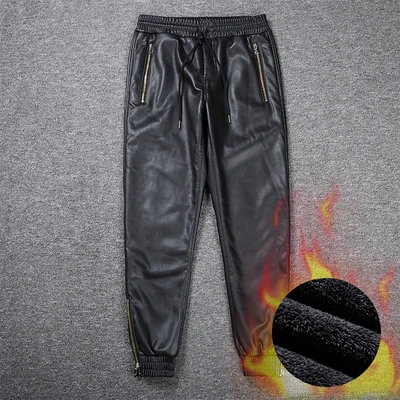 5 fleece lining Ветрозащитные повседневные теплые кожаные брюки мужские высококачественные свободные брюки карандаш мото брюки Эластичный Талия Черный Уличный хип хоп брюки - Цвет: 5 fleece lining