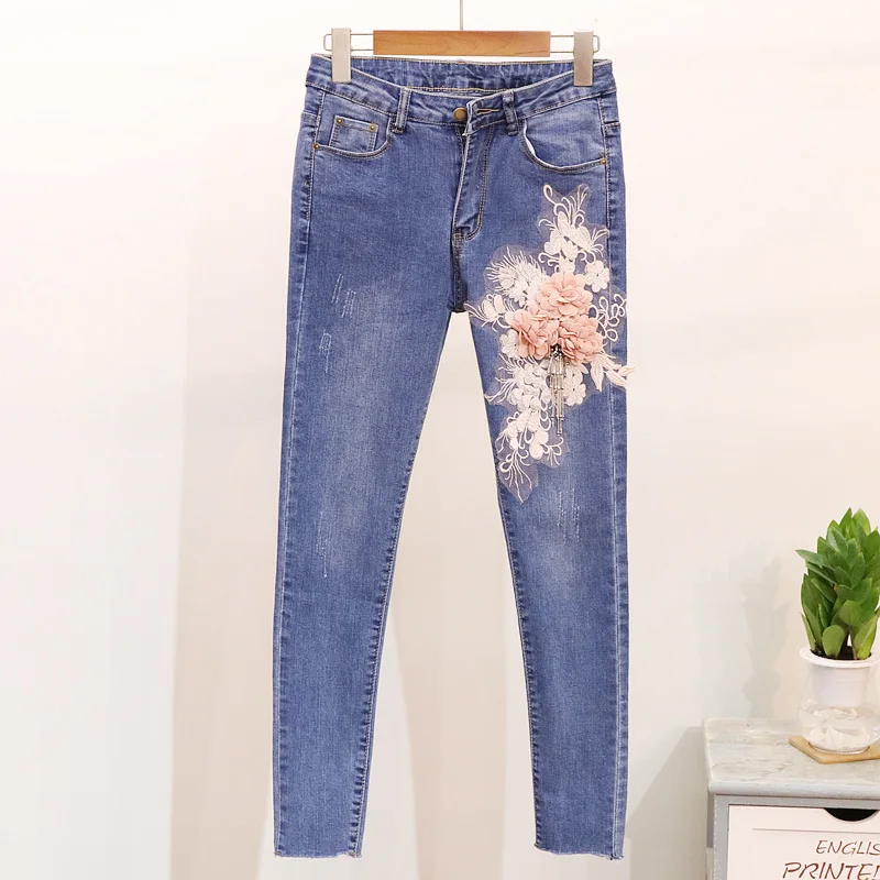 

Embroidery Knitted Sweater Jeans Pants Women Set 2pcs Spring Autumn Fashion Sequins Long sleeve Tops Beading Denim Trousers Suit