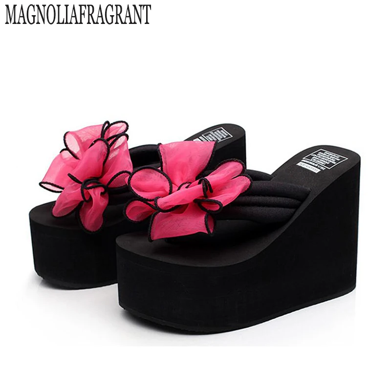 Женские кожаные шлепанцы на платформе мягкие сандалии танкетке с бантом высоком