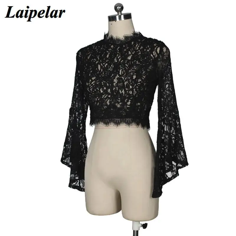 Laipelar Women Black Sexy See Through Blouse Ladies Chic Flare Sleeve Lace Casual Crop Top Floral Print Zipper Blouses Shirt