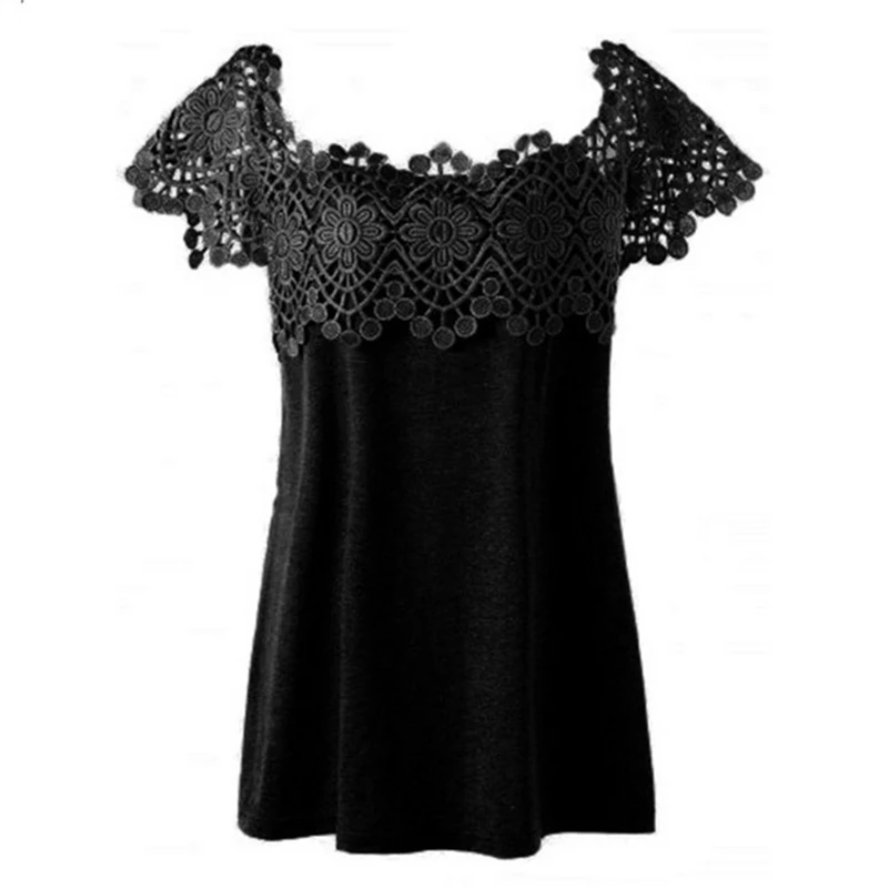 Women T-Shirts Solid Color Splice Lace Embroidery Round Collar Short Sleeves Tops for Summer FDC99 | Женская одежда