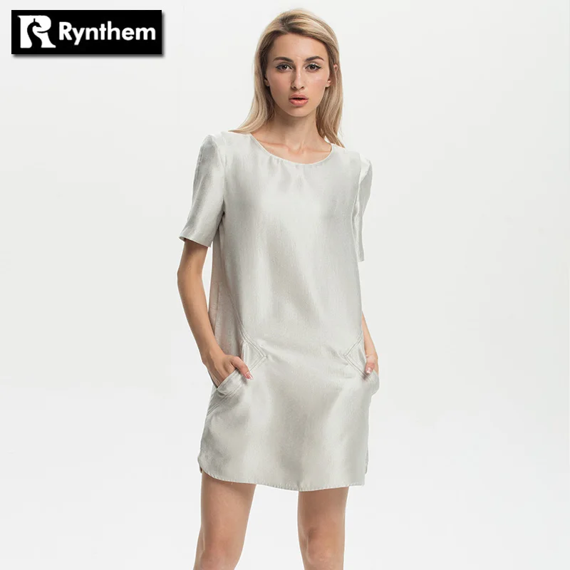Rynthem Для женщин модные осенние платья с короткими рукавами карманов круглым