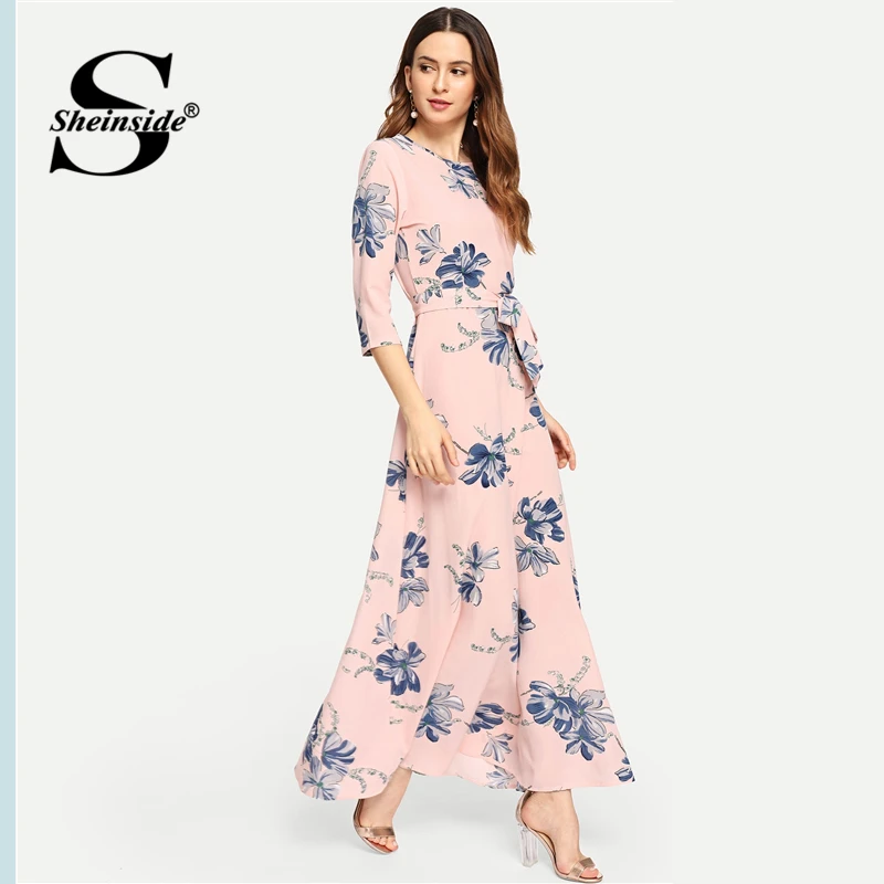 Sheinside, цветочный принт, самозавязывающийся пояс, линия, женское розовое платье, элегантное женское платье с длинным рукавом, модное женское Платье макси с поясом