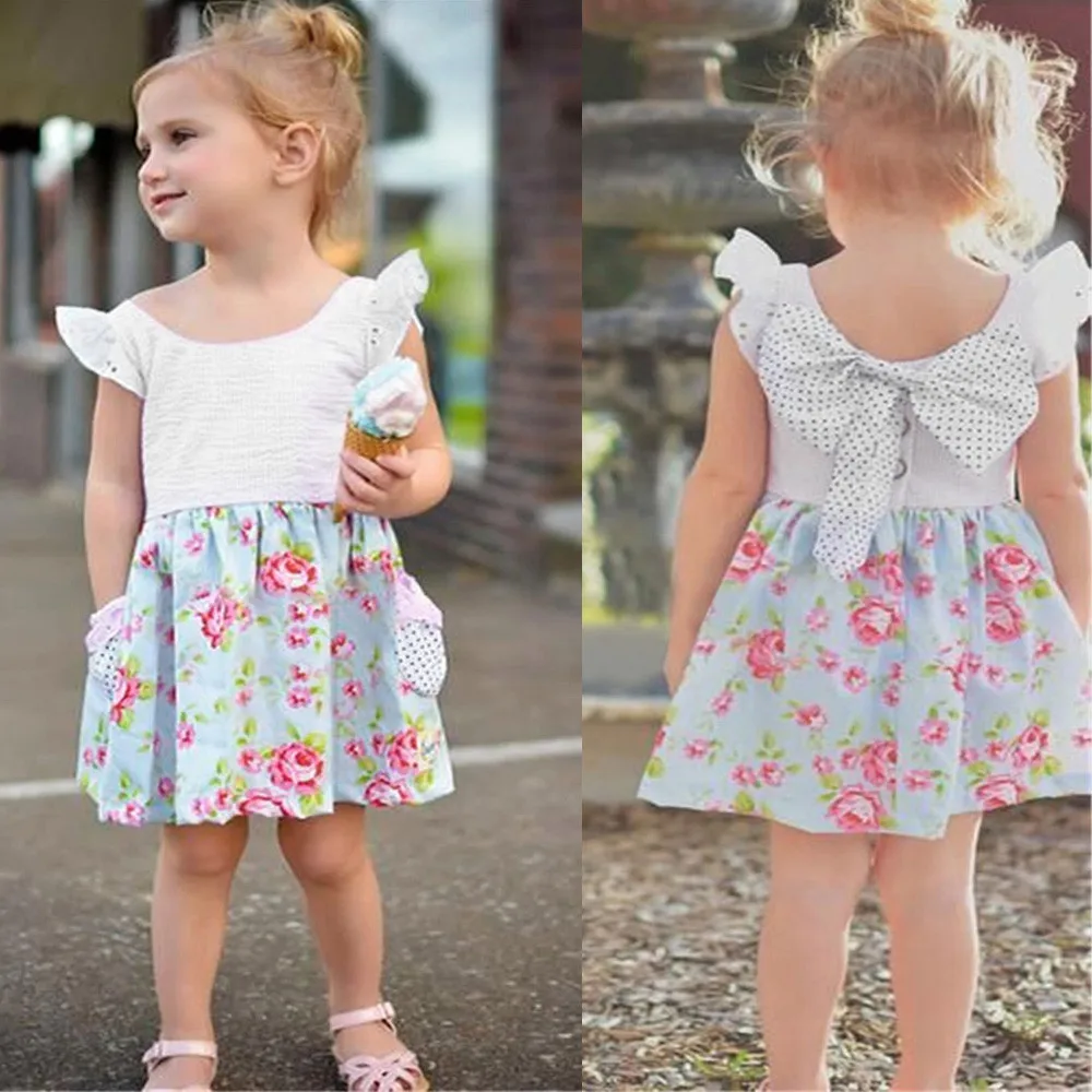 Платья для малышей платье маленьких девочек с цветочным принтом и карманами