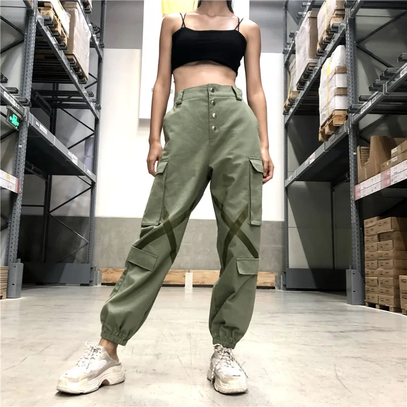 CHRLEISURE Высокая талия брюки карго femme Harajuku Свободные спортивные штаны лоскутное