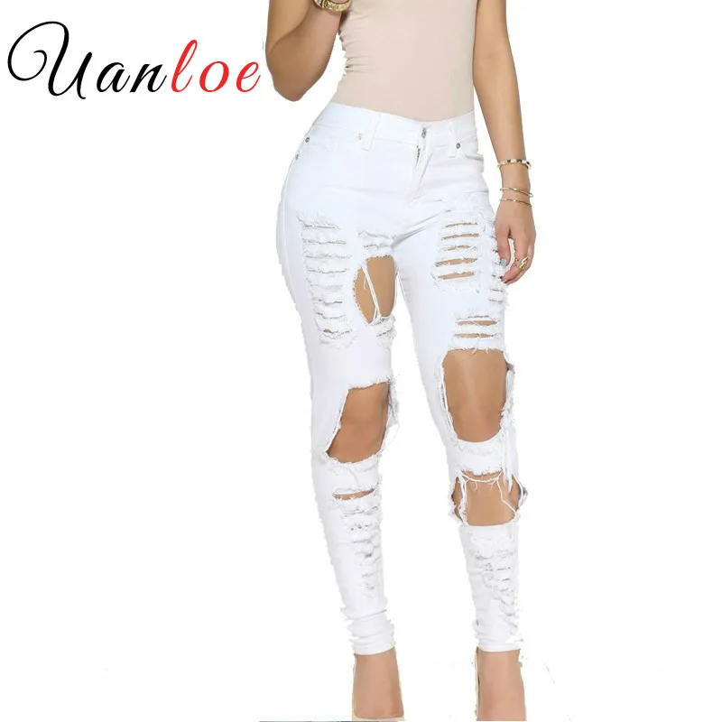 Женские рваные джинсы с бахромой черные и белые брюки-карандаш высокой талией