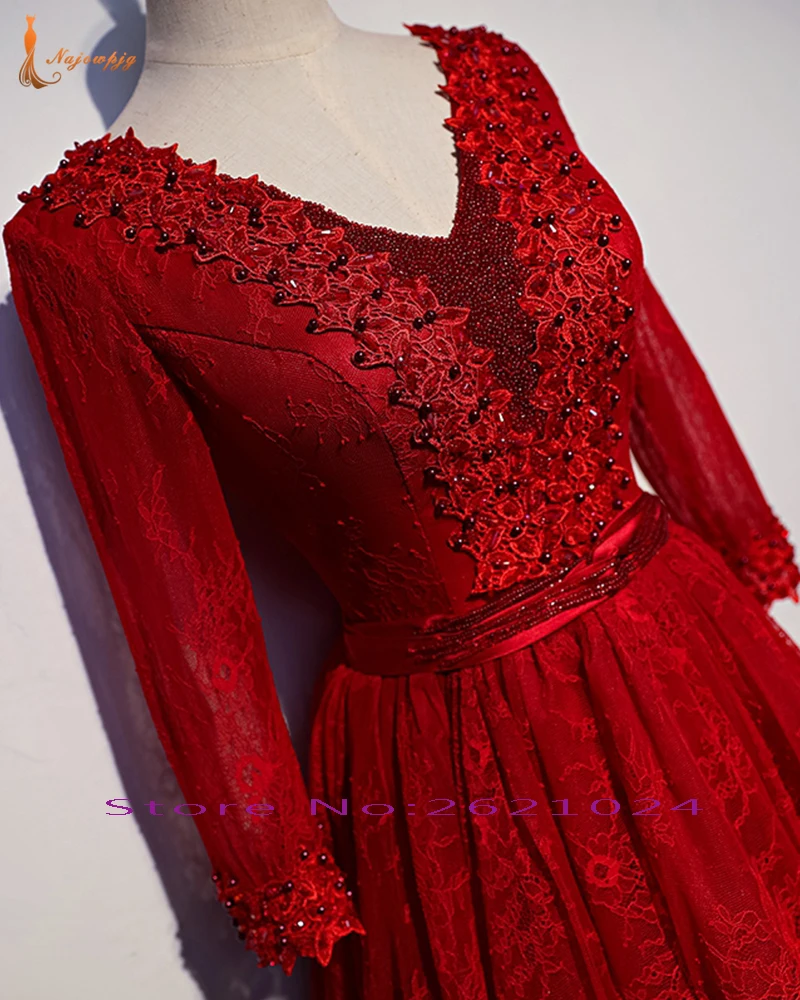 Новое поступление Красное Кружевное Вечерние платья Vestido De Festa с v-образным