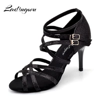 ladingwu 2018 new womens latin dance shoes black glitter shoes womens sandals for dance shoes latin woman salsa heels 8 5cm