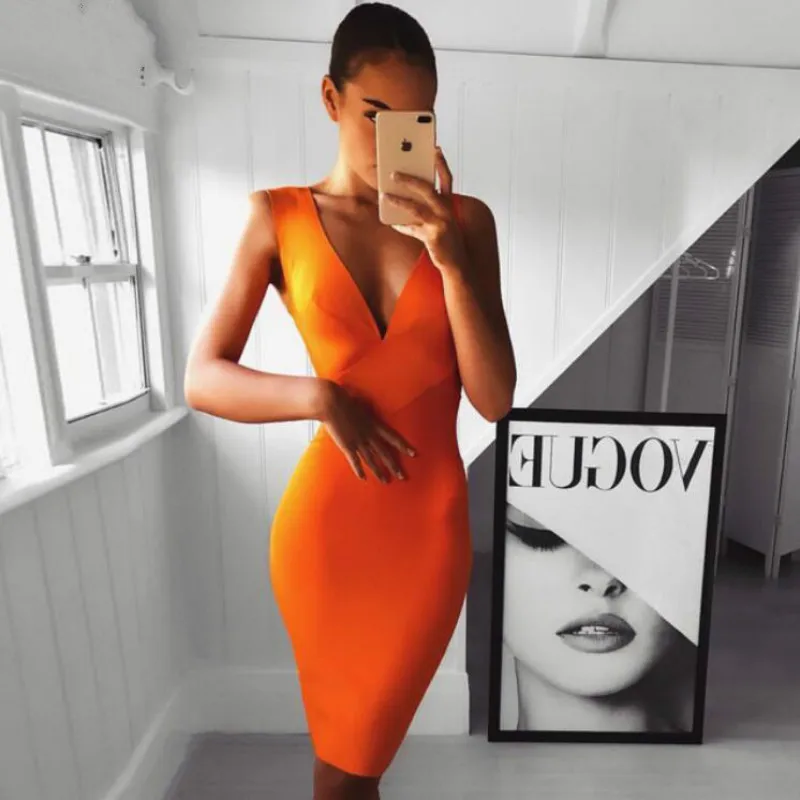 Летнее женское Бандажное платье Vestidos Verano Orang красное сексуальное облегающее без