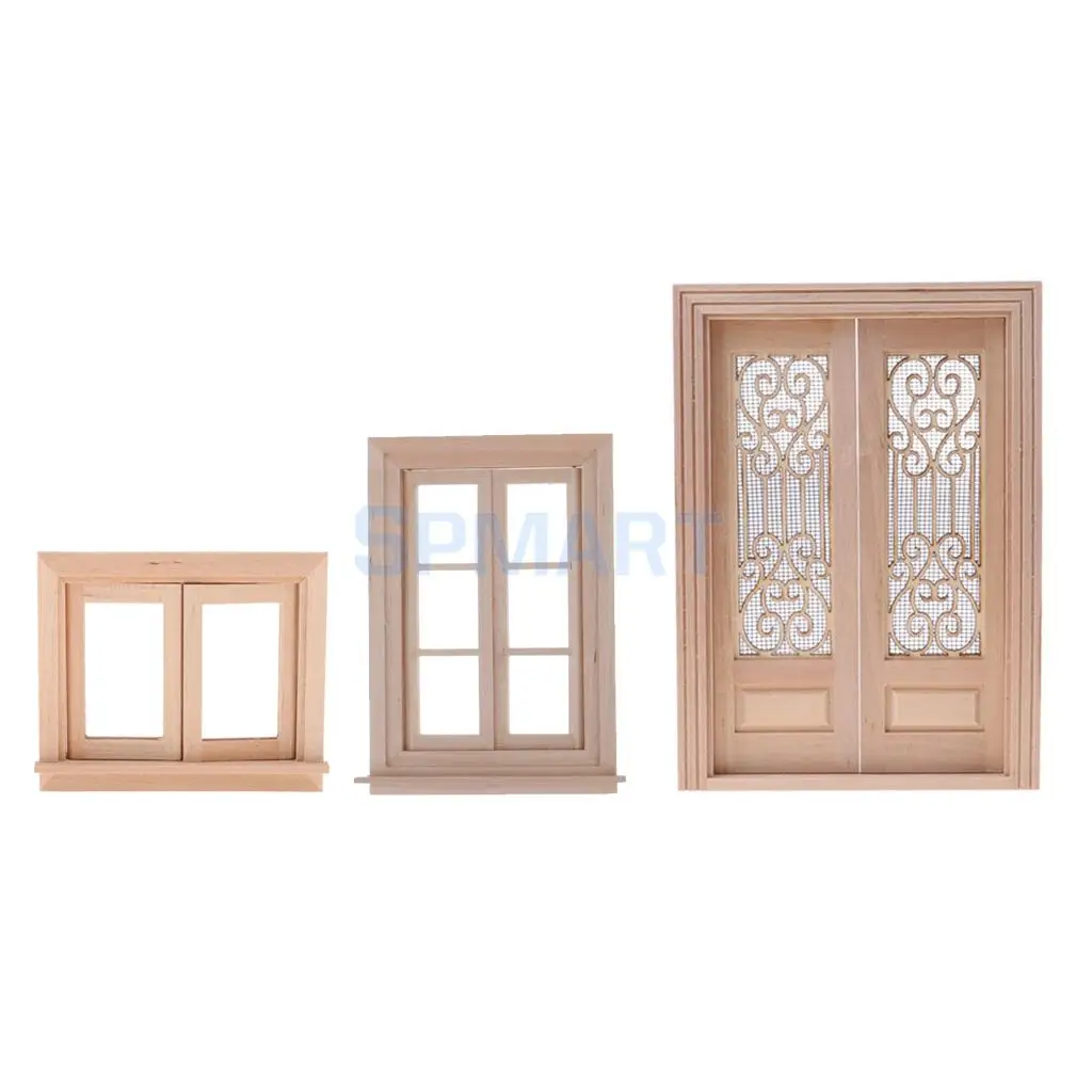 

1/12 Dollhouse Miniature Furniture Decor Hollow Screen Double Door + Pane Window Unpainted DIY Accessories