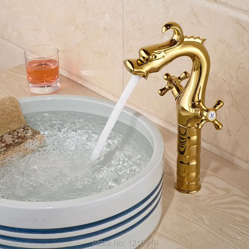 Новый роскошный смеситель для раковины в стиле дракона с двумя ручками золотой