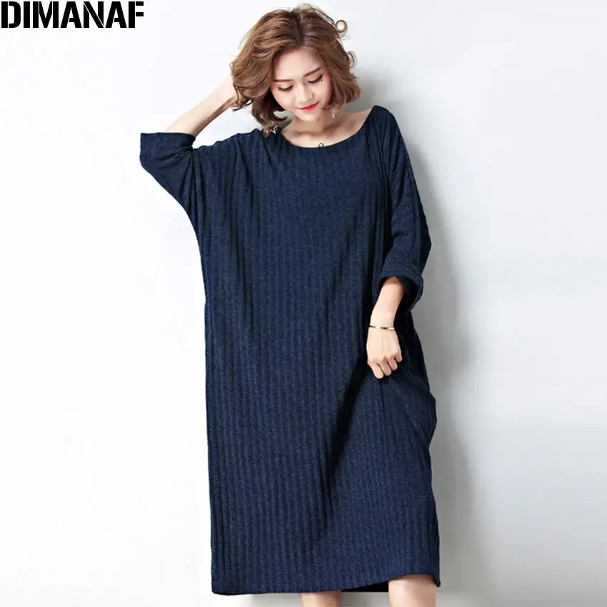DIMANAF 2017 Women Dress Plus Size Autumn Striped Print Solid Batwing Oversize Cotton Female Casual Fashion Show Thin Warm Dress|warm dress|fashion