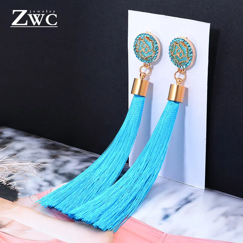 ZWC, Модный кристалл, Длинная кисточка, висячие серьги для женщин, женские богемные Этнические красные и черные Ювелирные серьги с бахромой оптом - Окраска металла: SkyBlueA