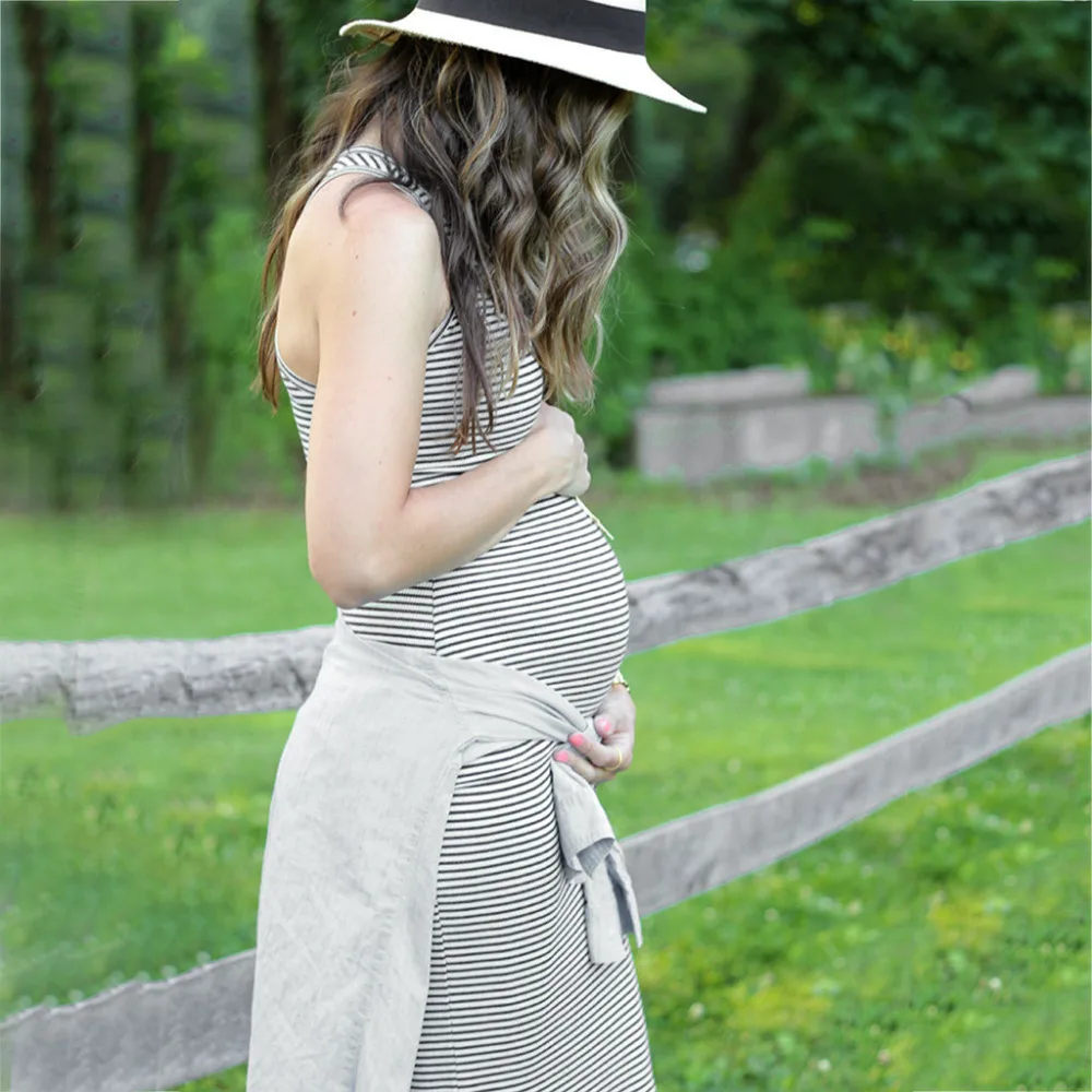 Модные платья для беременных платье без рукавов в полоску с o образным вырезом