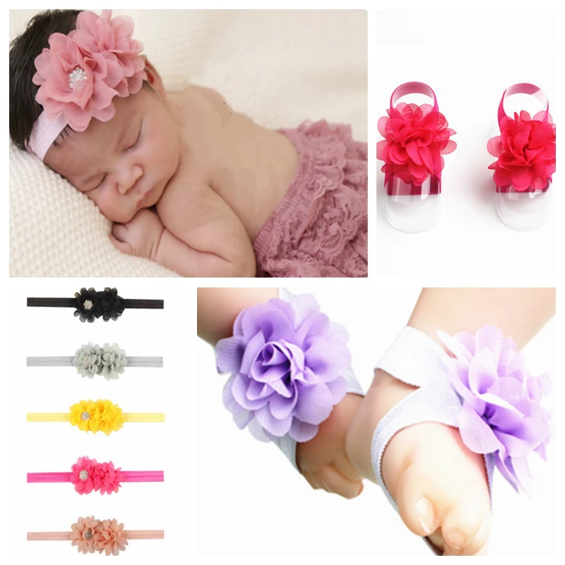 WFblock baby Girls Hair Accessories Kawaii Hairbands 2 Pcs Kids Elastic Chiffon Floral Headband Foot Strap Set Take Photo | Детская