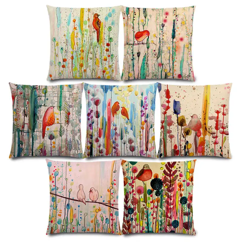 New Lovely Watercolor Little Birds Cute Colorful Flowers Clusters Warm Floral Woods Happy Life Cushion Cover Pillow Case | Дом и сад