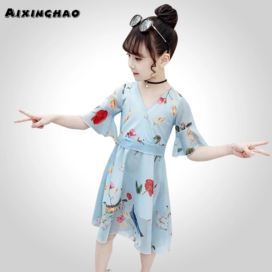 Летнее платье для девочек летнее с цветочным рисунком пляжное Детская одежда