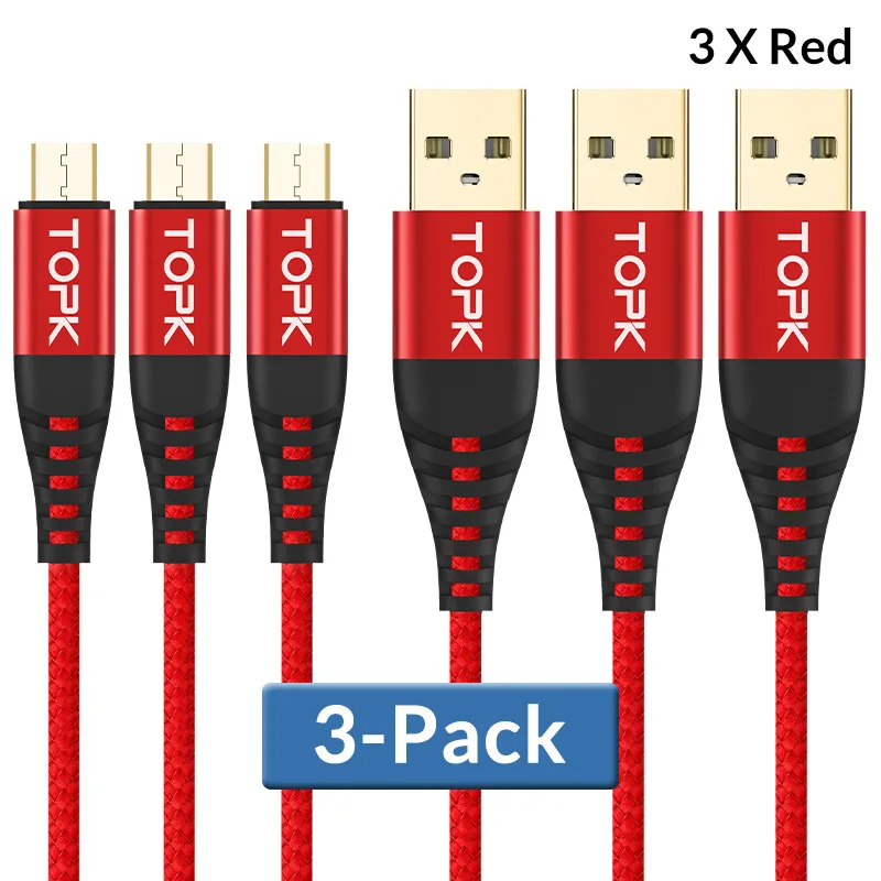TOPK [3-Pack] 1 м высокопрочный нейлоновый Плетеный 2 а быстрый Micro USB кабель для samsung Xiaomi huawei LG Tablet Android USB кабель для передачи данных - Цвет: Красный