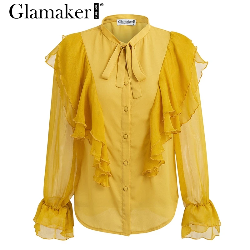 Glamaker шифоновая Сексуальная Элегантная блузка Футболка женская летняя блузка с оборками и v-образным вырезом женская блуза с длинным рукавом-фонариком повседневные женские блузки