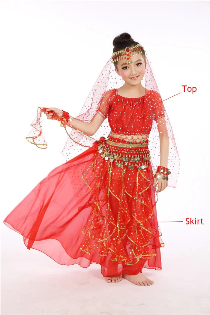 Red 2pcs 6 шт./компл., детский костюм для танца живота, Индийские танцы, платье, комплект, одежда для выступлений для маленьких девочек, бальное платье для детей 95-155 см - Цвет: Red 2pcs