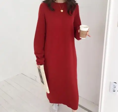 Осенне зимнее длинное женское платье свитер с длинными рукавами пуловер прямая