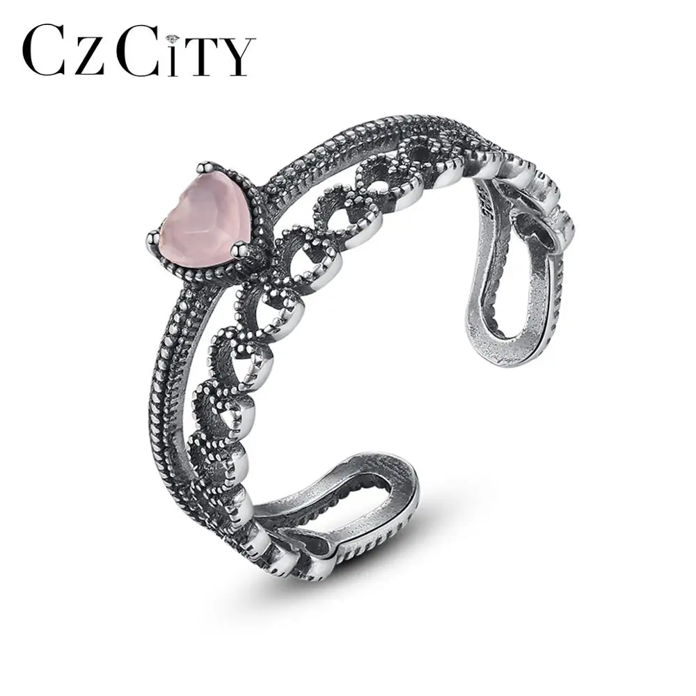 

CZCITY New Vintage Solid Thai Silver Heart Open Rings for Women Anniversary Fine Jewelry Pink CZ Anillos Femme Love Gifts SR0283
