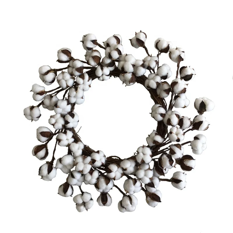 

2019 New Design 19 Inch Natural Boll Wreath Farmhouse Door Decoration Simulation Flower Handmade Garland