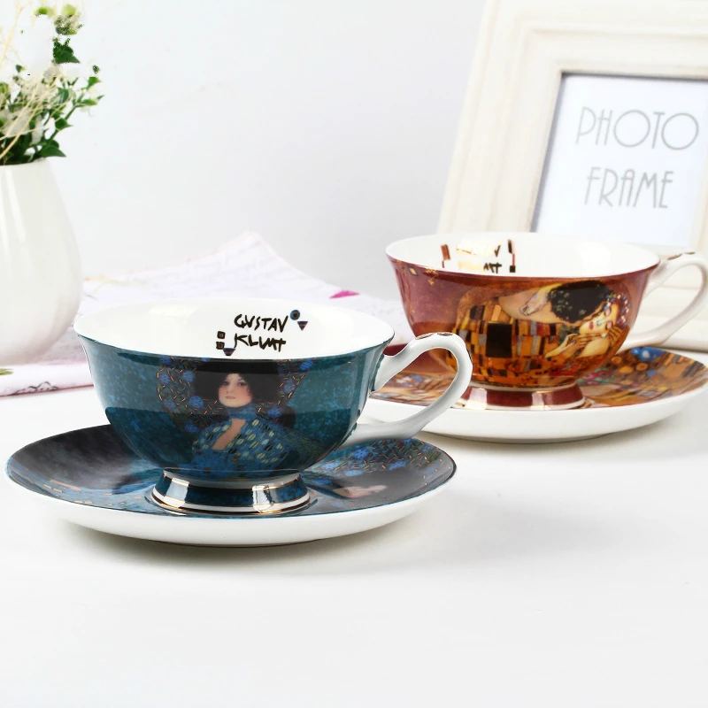 Суд костяного фарфора Чёрный чай Кофе чашка с блюдцем набор Густав Климт арт