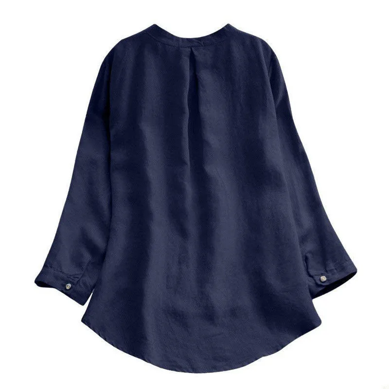 

New Women Casual Long Sleeve Loose Shirt Fashion Ladies Asymmetry Tops Blouse Elegant Button Crew Neck Shirt Solid Color Blouse