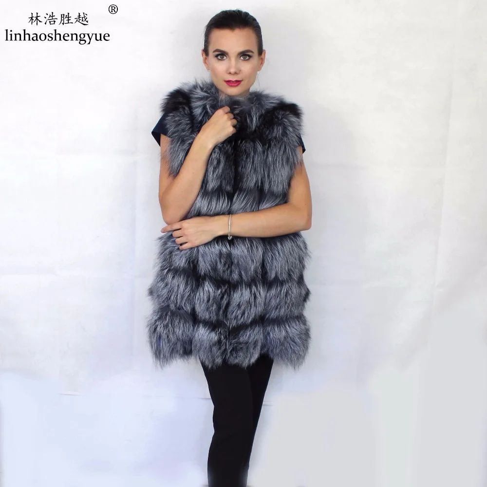 

Linhaoshengyue 72CM LONG Silver Fox Coat Red Fox Fur Vest Square