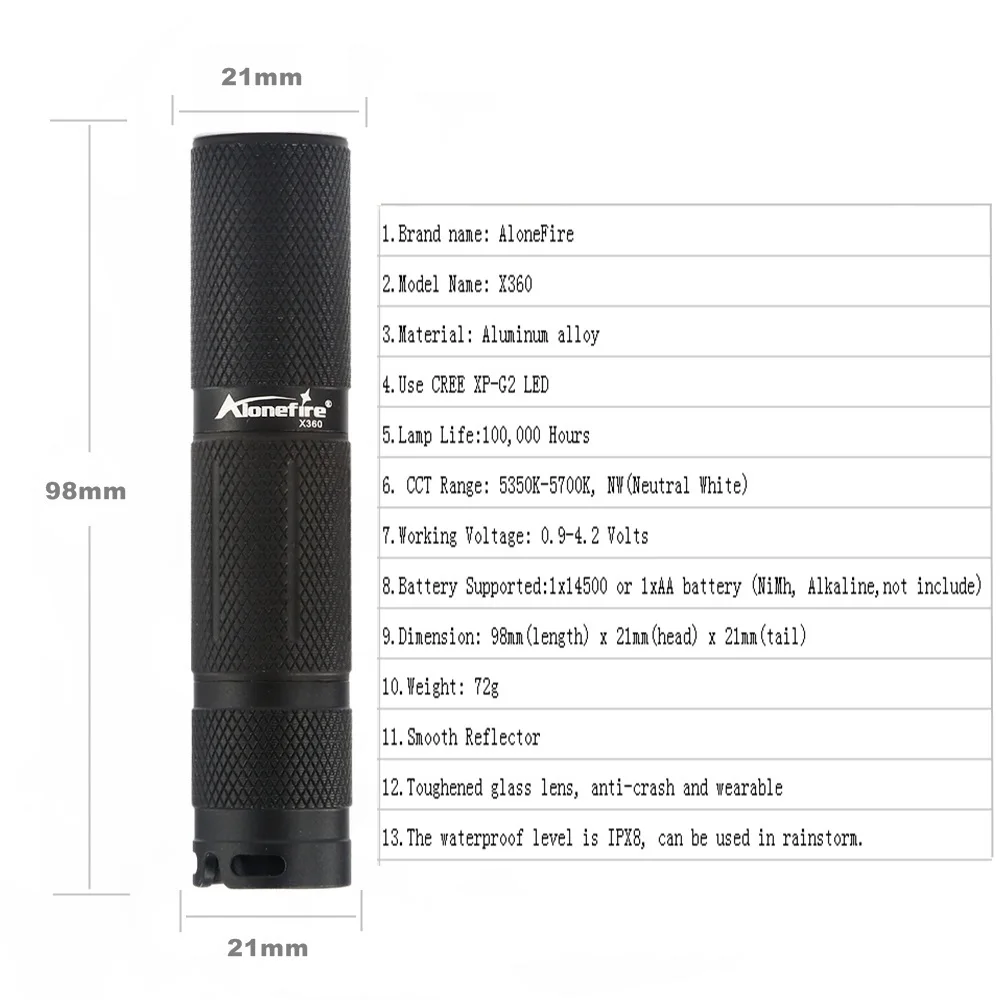 AloneFire X360 светодиодный фонарик 18650 сумка Cree XPG2 Мощный тактический мини AA для