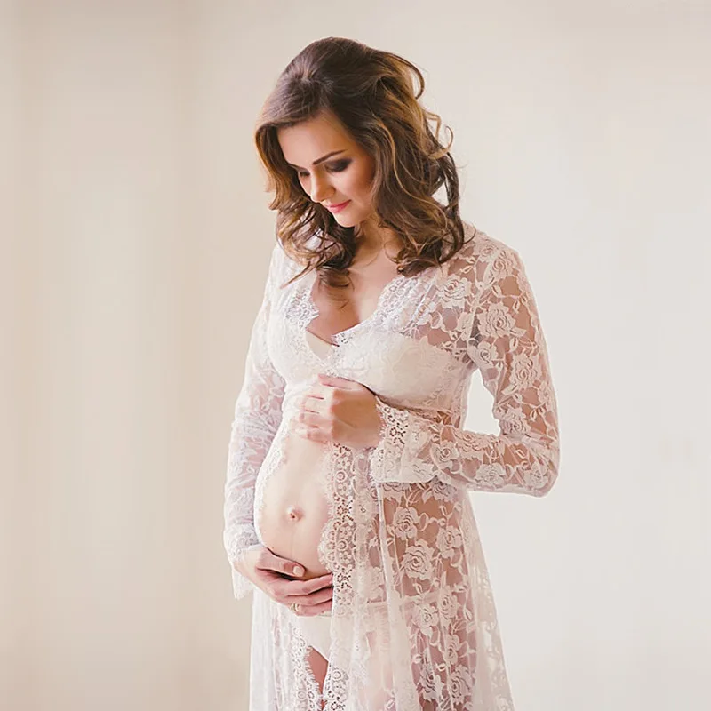

Long Maternity Dresses for Photo Shoot White Lace Maxi Pregnant Dress Photography Summer Long Sleeve Pregnant Woman Clothes 2019