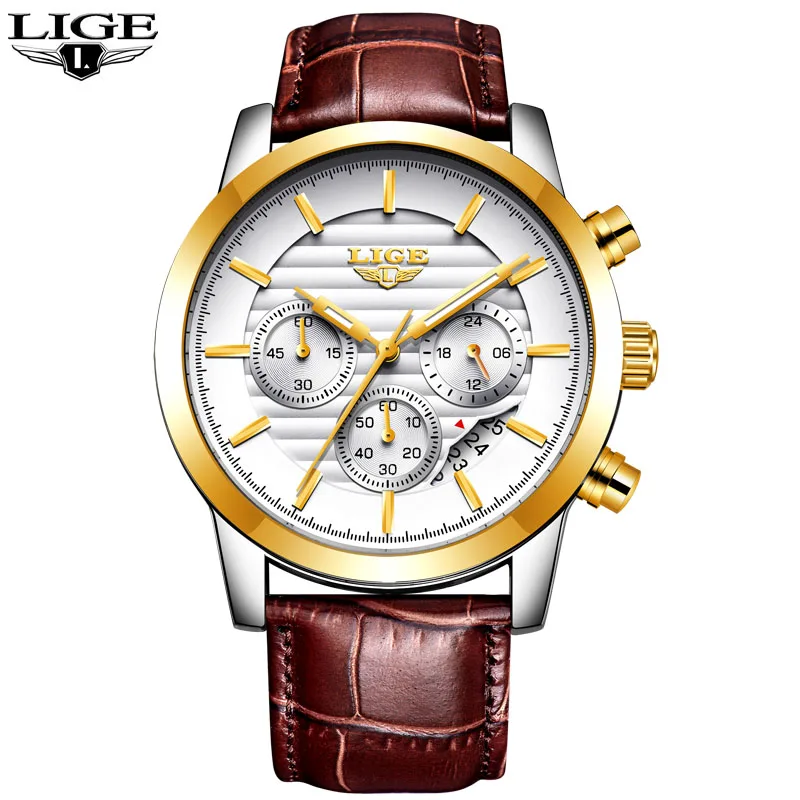 Gold white Часы LIGE мужские s часы лучший бренд класса люкс Бизнес Кварцевые наручные часы мужские повседневные кожаные водонепроницаемые спортивные часы Relogio Masculino - Цвет: Gold white