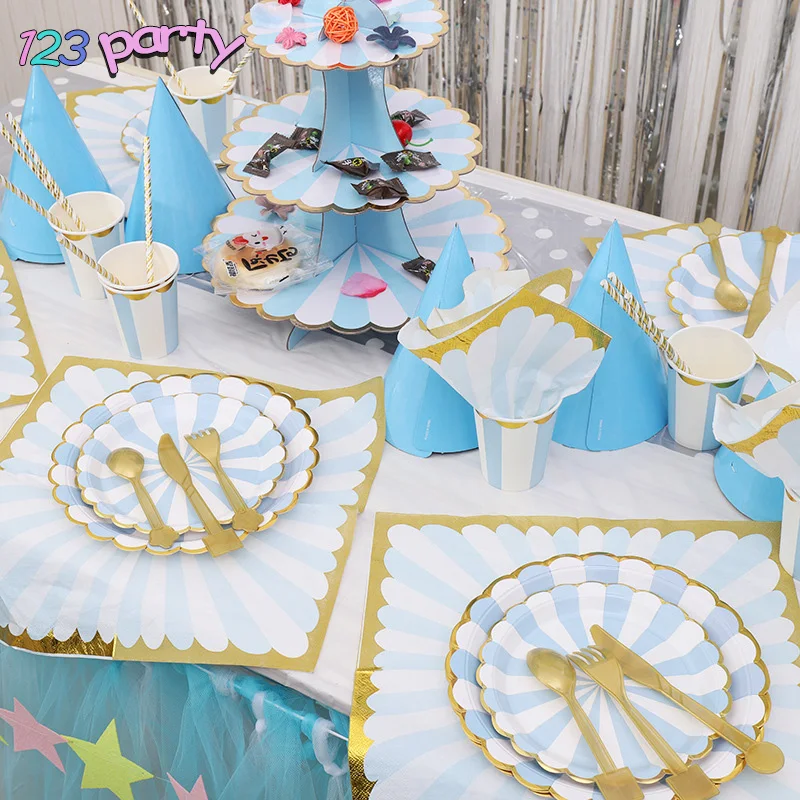 Горячее тиснение синяя полосатая одноразовая посуда тарелка чашка бумажное