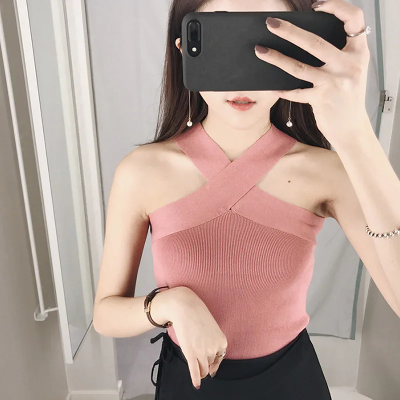 

Tank Top Women Sexy Knitted Cross Neck Vests Women 2019 Summer New Fashion Sleeveless Solid Thin Sweaters