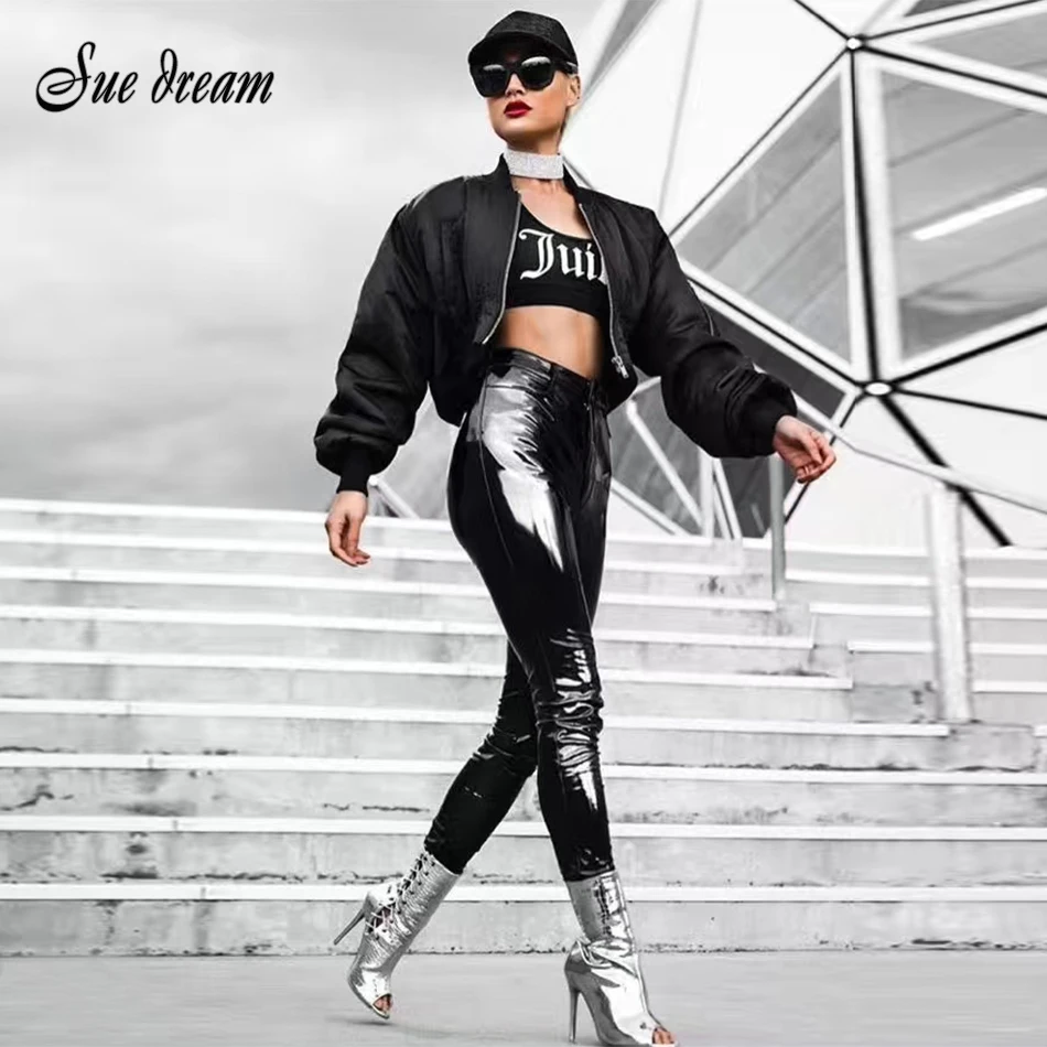 Осенние женские узкие брюки из искусственной кожи кожаные штаны на молнии черные