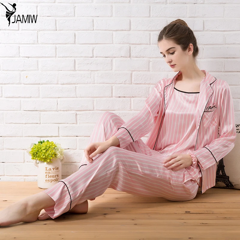 New Fashion Spring Summer Women's Seven Piece Satin Silk Pajamas Ladies Sexy Stripe Long Sleeved Sleepwear Home Clothes | Женская