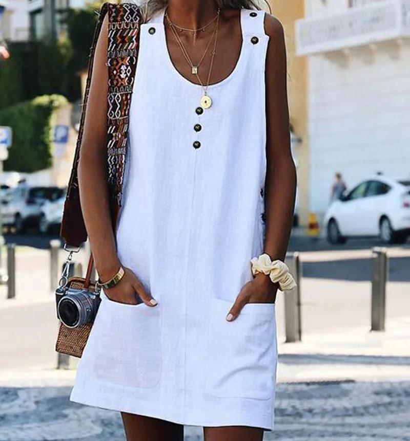 

Plus Size Women Summer Button Pockets Prints Dress 2019 Ladies Sexy Sleeveless Beach Mini Dress Girls Solid Linen party dress
