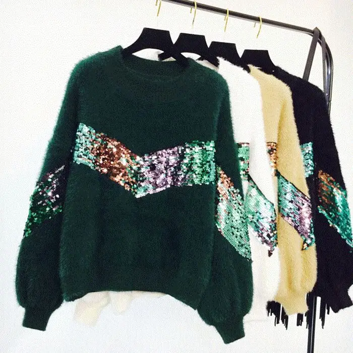 Overseized Mohair Sweater Women 2018 Autumn Winter Warm Rabbit Hair Glitter Patchwork Batman Sleeve Thick Loose Pullover | Женская