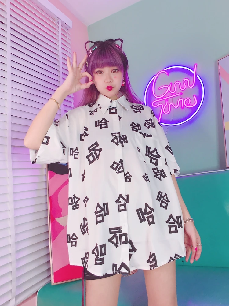 Haha принт половина рукава пары ретро свободный Повседневный длинный загар шифон