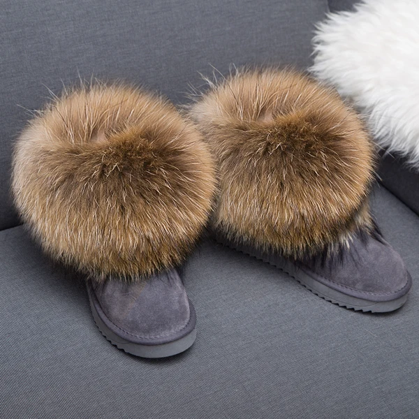 G& Zaco/Роскошные зимние ботинки; женские ботинки с натуральным лисьим мехом; водонепроницаемые ботинки из натуральной замши; черные короткие ботинки на плоской подошве