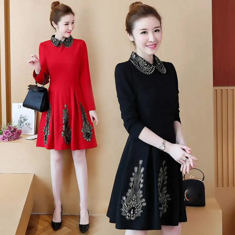 Женское платье с молнией и вышивкой длинный рукав отложной воротник элегантная