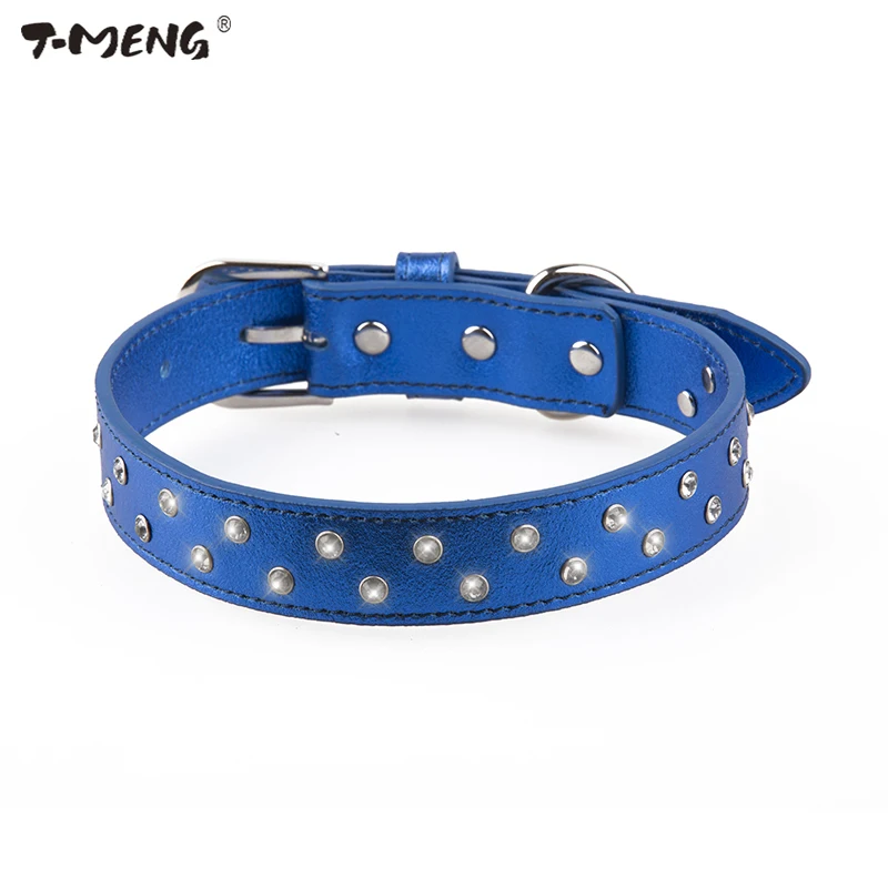 

T-MENG 4 Colors Diamonds Dog Collar Soft Genuine Leather With Two Row Rhinestone Bling Pet Collars For Small And Large dogs