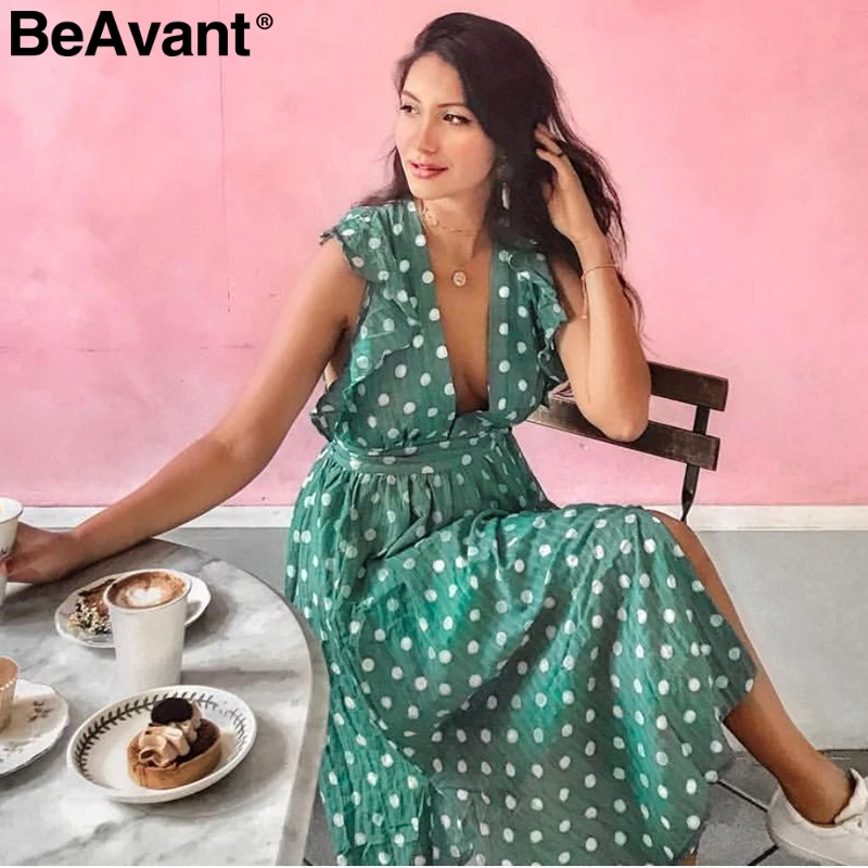 Женское платье в горошек BeAvant винтажное пляжное с оборками без рукавов