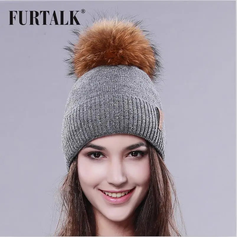 FURTALK теплая зимняя женская шапка с меховым помпоном вязаная шерстяная шапка шапочка Женская зимняя шапка для женщин - Цвет: Серый