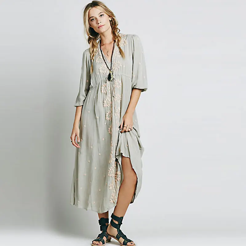 Женское богемное Платье макси с цветочной вышивкой v образным вырезом и