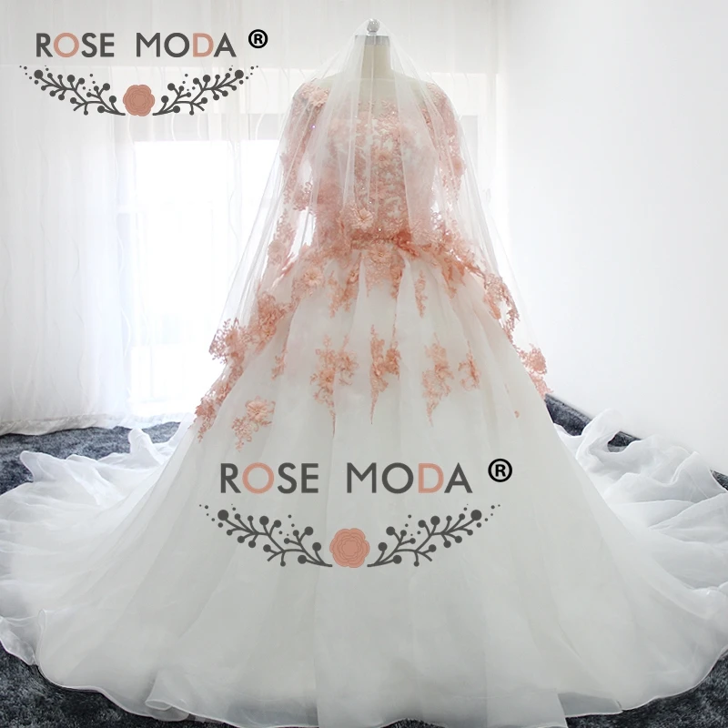 Женское свадебное платье с длинным рукавом розовое цвета слоновой кости